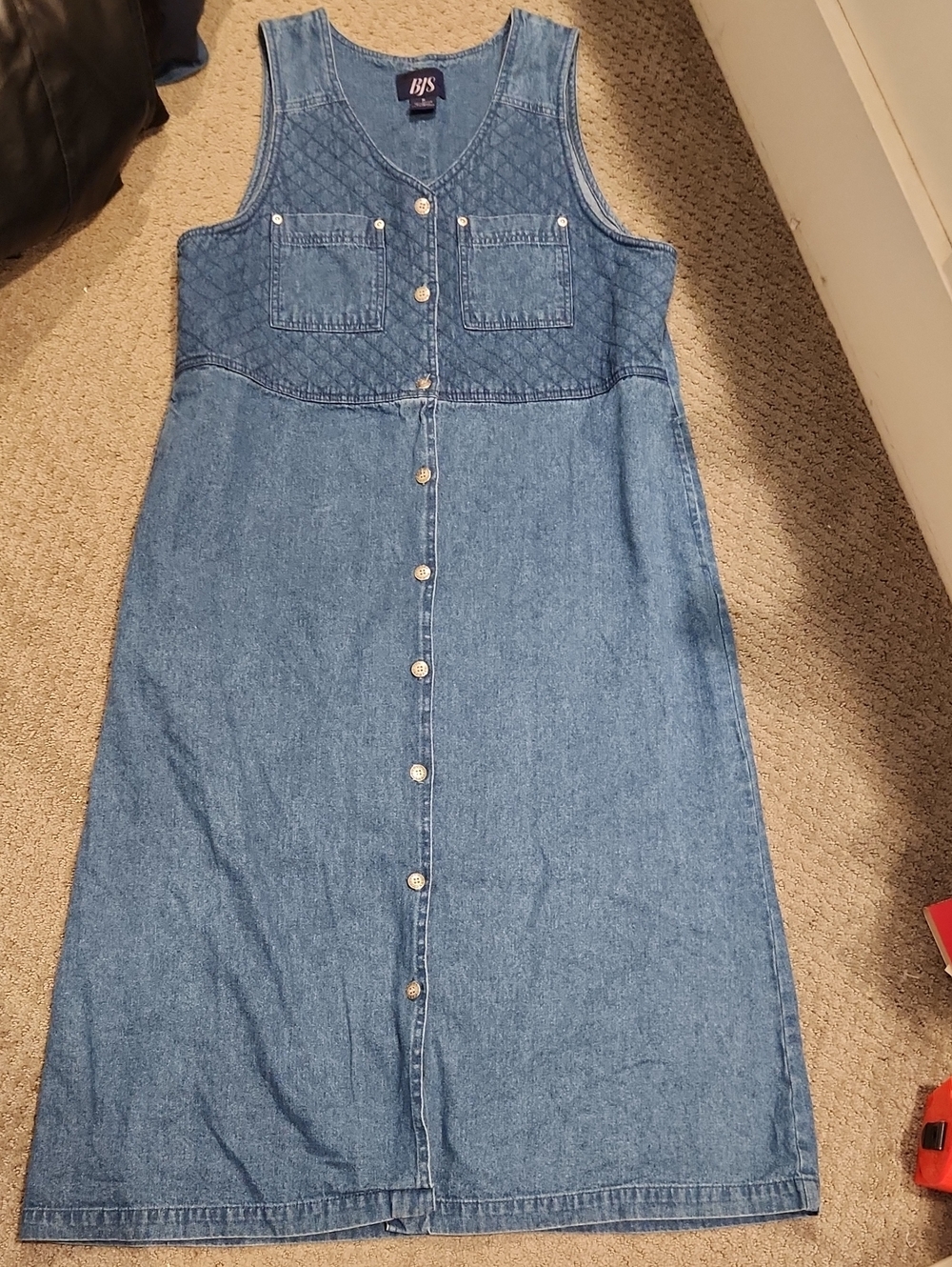 Vintage /New 1990s BJS blue denim quilted-front midi jumper dress Medium